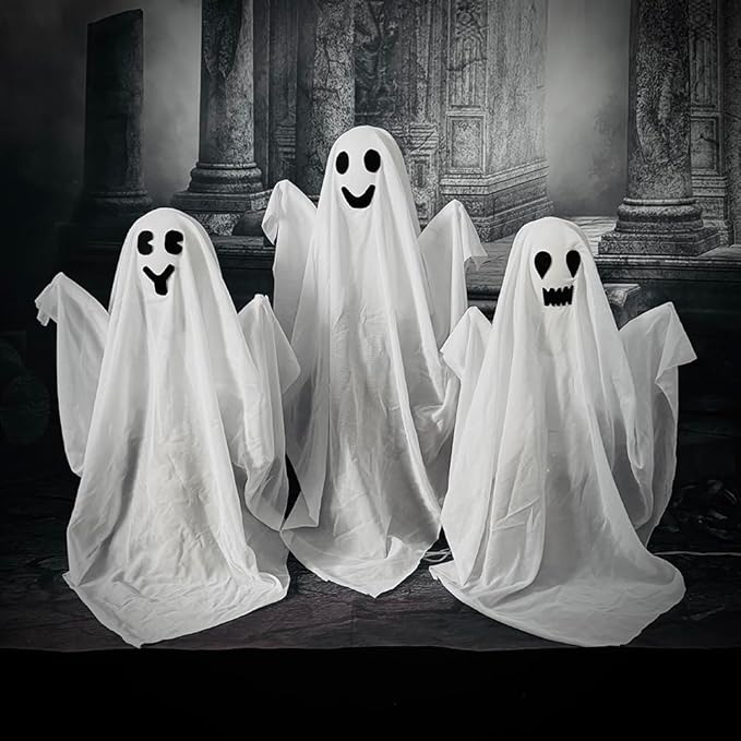 3 Pack Halloween Ghosts Decorations Outdoor,White Cloth Ghosts Stakes with Incandescent Light, Holiday Party Home Haunted House Yard Art, Front Yard Patio Lawn Garden Decor