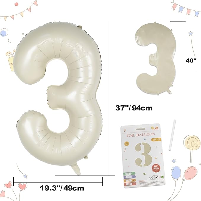 40in Birthday Big Number Balloon - CARGEN Giant Foil Balloons for Women Men Birthday Party Wedding Anniversary Supplies Decorations, Creamy White Three, No.3