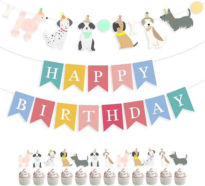 Dog Themed Happy Birthday Banner 12PCS Pet Dog Cupcake Toppers Baby Shower Party Supplies (Banner+Cupcake Toppers)