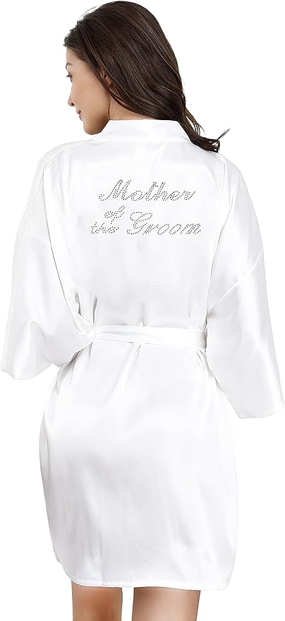 EPLAZA Women's One Size Silver Rhinestones Bride Bridesmaid Short Satin Robes for Wedding Party Getting Ready