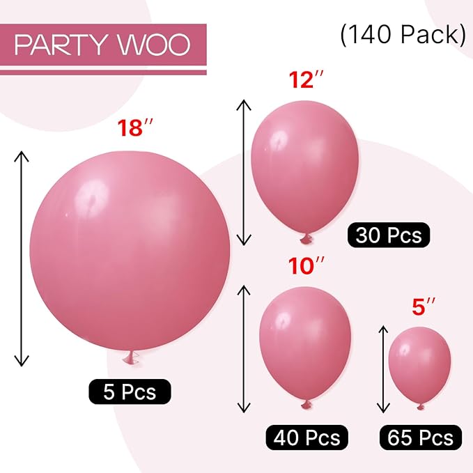 PartyWoo Mauve Balloons 140pcs Different Sizes of 18 12 10 5 Inch Dusty Pink Rose Blush Boho Netural Balloon Arch Kit Garland for Baby Shower Wedding Engagement Birthday Party Decorations Pink-F02
