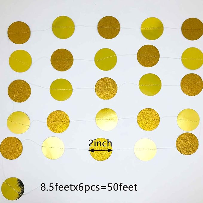 We Moment 50ft Glitter Gold Circle Dots Garlands - Paper Circle Dot Garland Party Backdrop - Hanging Decor for Wedding, Birthday, Baby Shower