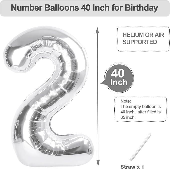 40 Inch Number 2 Balloon, Silver Balloons for Birthday Party Decoration, Foil Number 2 Ballon for 2, 12, 24, 25, 2026 Celebration, Graduation, Birthday, Baby Shower, Anniversary Decor