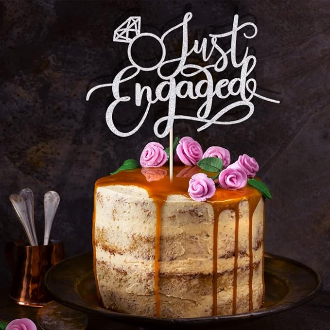 Just Engaged Cake Topper for Engagement Party Decorations, Engaged Ring Sign,We're Engaged Cake Toppers (silver)