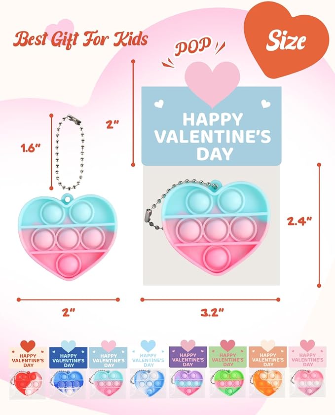 32 Pack Prefilled Valentines Day Pop Fidget & Cards Set for Kids Classroom - Mini Heart-Shaped Toys, for School Class Exchange & Party Favors
