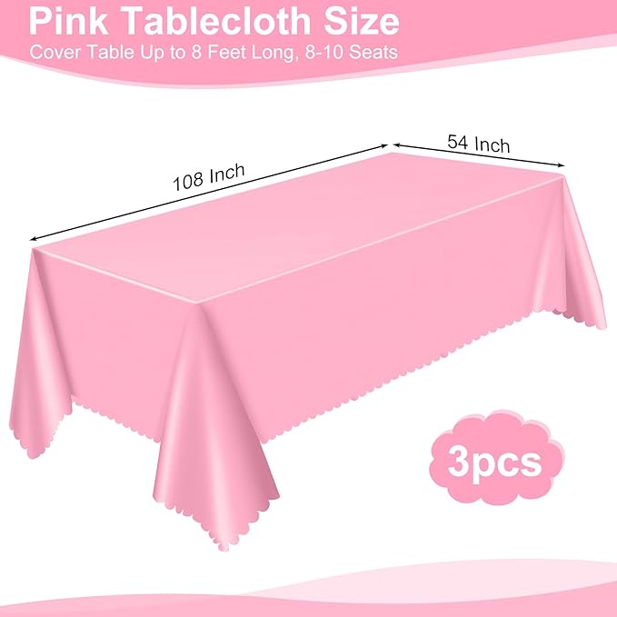 3 Pack Plastic Pink Tablecloth, 54 X 108Inch Party Table Cloth Scalloped Mother's Day Tablecloths for Rectangle Tables Disposable Table Cover for Birthday Baby Shower Tea Party Wedding Bridal Picnic