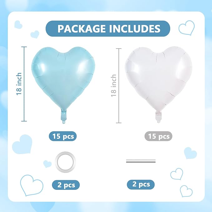 TONIFUL 30Pcs 18 Inch Light Blue White Heart Balloons Pastel Blue Heart Shape Foil Mylar Banners Decoration for Birthday Valentine's Day Wedding Bridal Shower Anniversary Engagement Party Supplies