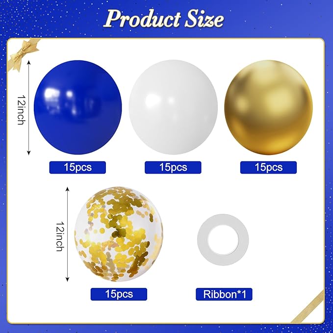 Royal Blue Gold White Balloons, 60Pcs 12Inch Navy Blue and Gold Balloons with Metallic Gold Confetti Balloon for Wedding Graduation Baby Shower Birthday Decorations