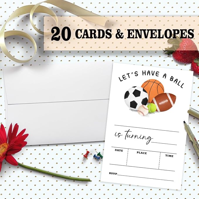 Ball Sports Birthday Party Invitation Cards For Girls Boys Kids, Sports Birthday Party Supplies Favors, 20 Fill-In Invitation Cards with Envelopes -21