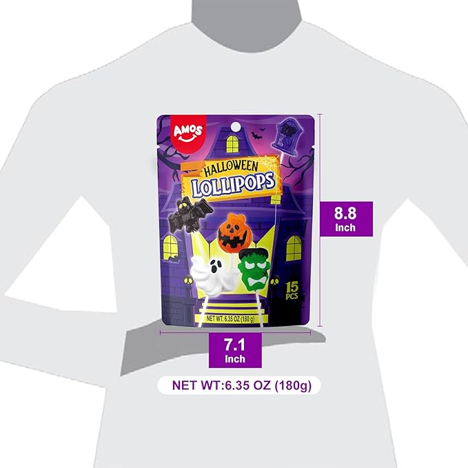 Amos Halloween Candy Lollipops, 15ct Individually Wrapped Monster Variety Suckers – Fun Trick-or-Treat Goodie Bag & Party Favor Candy