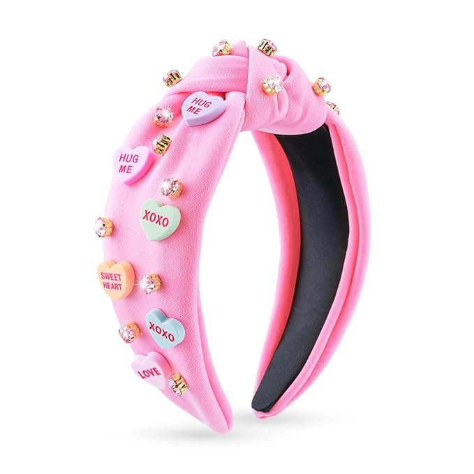 Valentine’s Day Headbands for Women, Candy Love Conversation Heart Headbands, Rhinestone Jeweled Trendy Pink Knotted Headband for Valentines Outfit, Valentine’s Day Gifts Hair Accessories for Her
