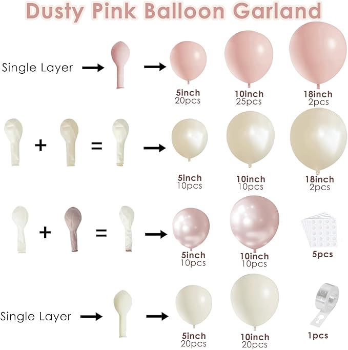 Boho Dusty Pink Balloons Garland Arch Kit, Double Stuffed White Pearl Balloon Blush Neutral Pink Latex Balloons for Birthday Bridal Shower Party Decorations