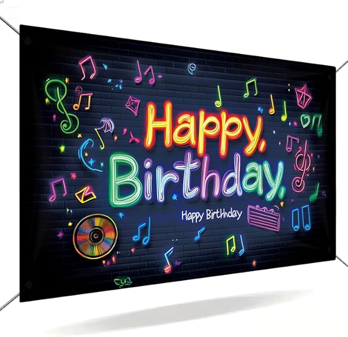 large 71x43 inch neon effect birthday porch banner suitable for indoor/outdoor birthday party decoration, with colorful music symbols, waterproof fabric suitable for terrace, courtyard, home and event decoration