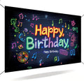 large 71x43 inch neon effect birthday porch banner suitable for indoor/outdoor birthday party decoration, with colorful music symbols, waterproof fabric suitable for terrace, courtyard, home and event decoration