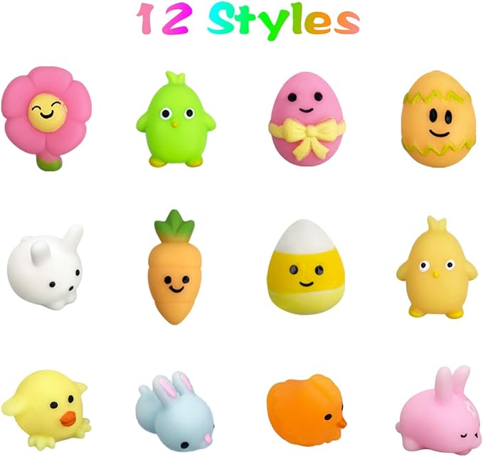 24 PCS Easter Mochi Squishy Toys Stress Relief Squishies for Kids Boys Girls Toddlers Easter Basket Stuffers Egg Fillers Gifts Party Favors