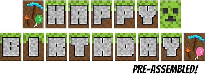 Mining Fun Banner and 48 Pcs Balloons - 10" Printed Latex Balloons, Mining Themed Party Supplies, Mining Party Decorations, Happy Birthday Banner, Pixel Miner Party and Video Game Party Decorations
