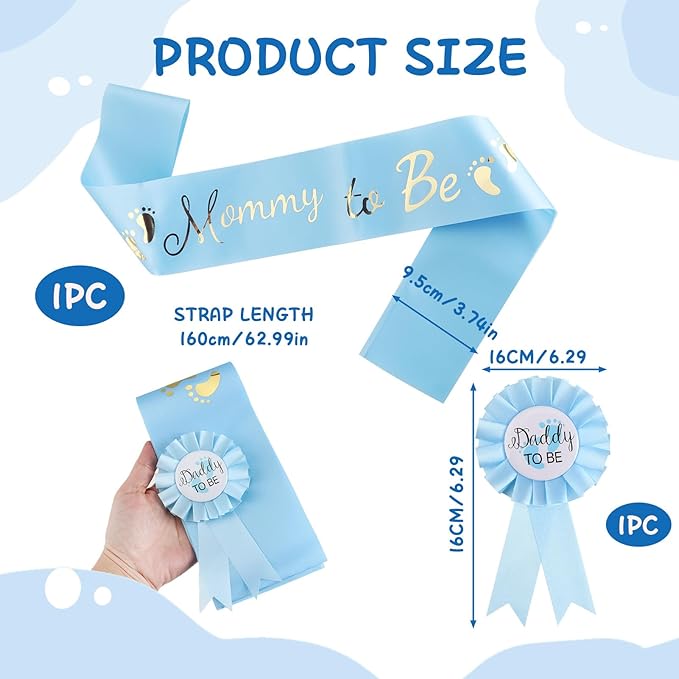 2 Pcs Baby Shower Decorations, Mommy to Be Sash and Daddy to Be Badge Set, It's a Themed Party Supplies for Baby Shower and Gender Reveal Decoracion (Blue 2 Pcs)