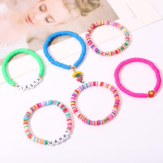 Surfer Heishi Bracelets for Women Stackable Rainbow Vinyl Disc Clay Beaded Stretch Bracelets Elastic Layering Friendship Bracelets Boho Summer Beach Jewelry