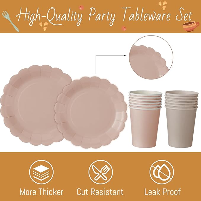 Yaomiao 175 Pcs Brown Paper Plates Boho Disposable Dinnerware Sets with Plastic Knife Fork Spoon Boho Bridal Shower Wedding Decorations Brown Party Supplies Disposable Tableware Set Serve 25 Guests