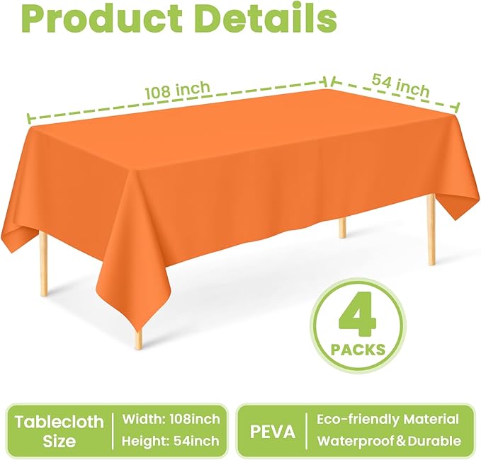 Mulbozy Orange Plastic Table Cloth Disposable 4 Pack, 54 × 108 Inch Tablecloths Rectangle, Orange Plastic Table Cover for Party Decor