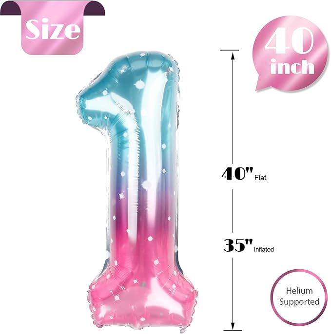 40 Inch Starry Sky 1 Balloon for First Birthday, 1st Number Balloons Birthday Decorations for Girl Kids Toddler Baby, One Giant Number 1 Balloon