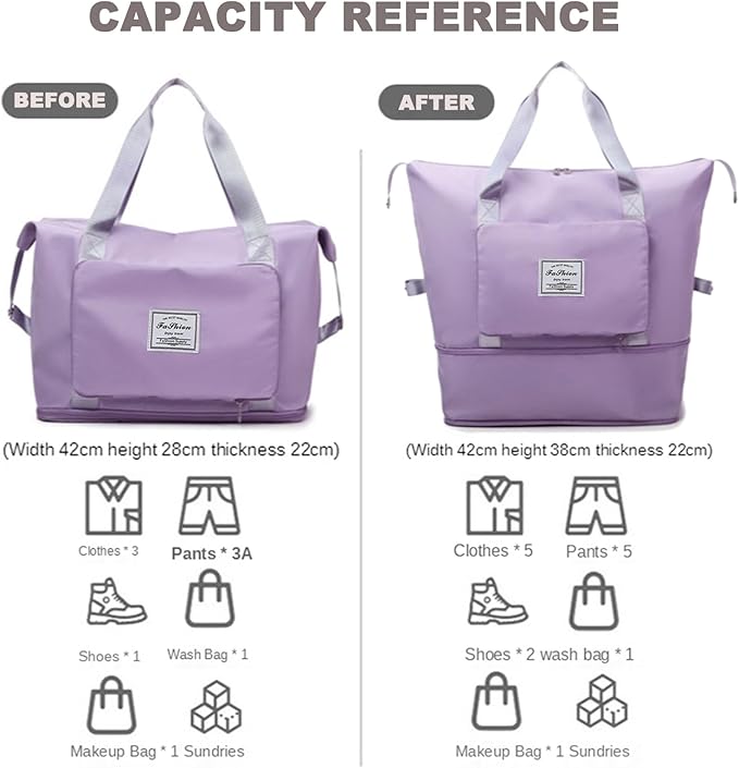 Large Capacity Folding Travel Bag, Lightweight Waterproof Luggage Bag, Expandable Travel Duffel Bag, Dry Wet Separated Gym Tote Bag, Weekender Overnight Bags for Women and Man (Light Purple)