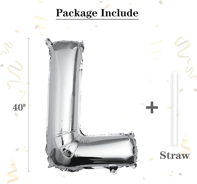 40 inch Silver Letter L Balloon, Big Size Alphabet Foil Mylar Helium Balloons for Birthday Party Celebration Wedding Anniversary Baby Shower Decorations Supplies Alphabet L