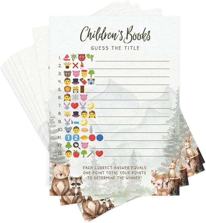Printed Party Woodland Baby Shower Games for Boy – Set of 4 Games for 30 Guests, Forest Animal Theme, Includes Bingo, Mommy Trivia, Icon Storybook Phrases, and Guess Who Mommy or Daddy