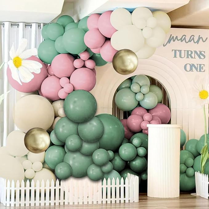 Sage Green Pink White Gold Balloons Garland Arch Kit, 160Pcs Olive Green Blush Pink White Sand Metallic Gold Balloons for Baby Shower Wedding Birthday Jungle Safari Woodland Party Decorations