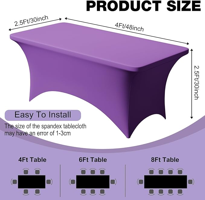 Trlyc 1 Pack 4FT Spandex Table Cloth - 48 x 30 Inch Rectangular Stretch Tablecloth, Wrinkle Resistant Scretch Table Cover for Wedding, Party, Banquet, Picnic, Outdoor Decoration (1Pcs,Purple)