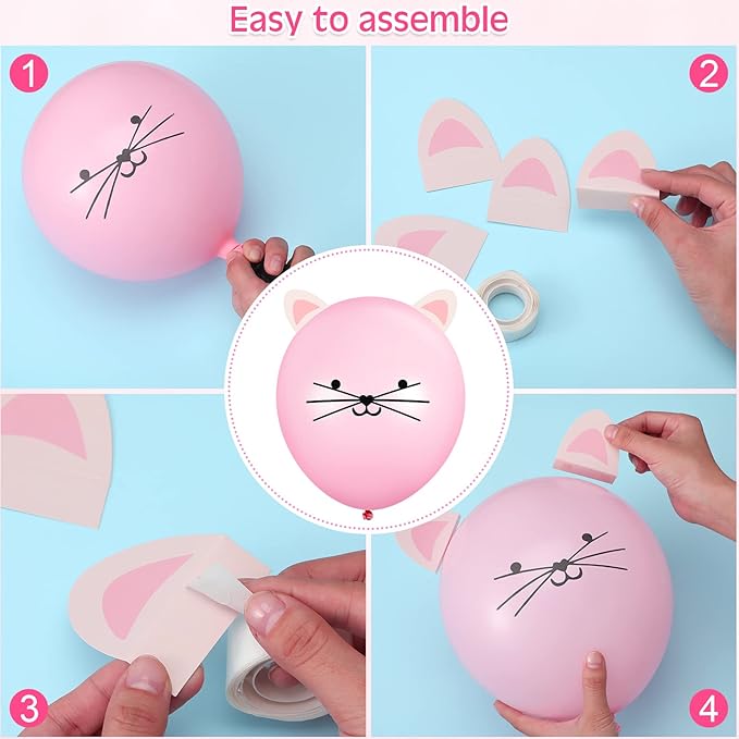 50 Pieces 12 Inch Cat Balloons Party Latex Kitty DIY Animal for Birthday Party with Ears Cat Kids Balloons for Girls Supplies, 5 Colors