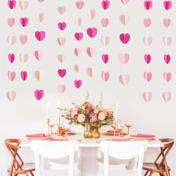 GCQQ Valentines Decorations - 3D Hot Pink Valentine's Day Decoration Paper Garland 39Ft Bridal Shower Decorations Hanging Heart Streamers for Mothers Day Galentines Day Wedding Birthday Party Decor