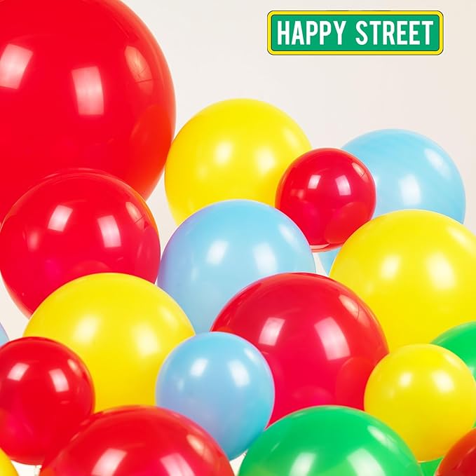 Sesame Friends Birthday Party decorations 140Pcs Cartoon Theme primary color Balloon Garland Kit with red brick wall Backdrop and birthday sticker for Boys Girls Sesame Theme kids Party supplies
