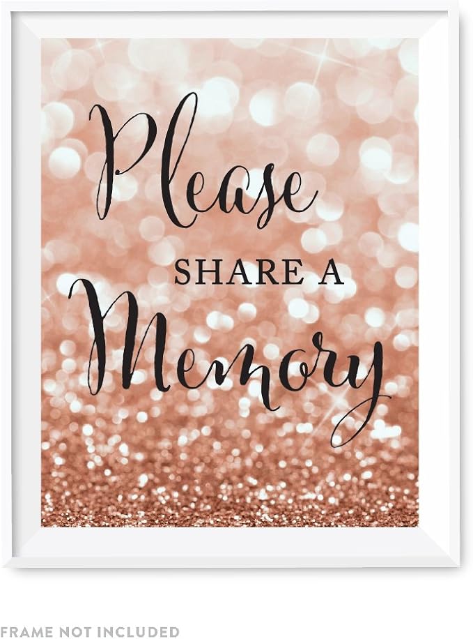 Andaz Press Wedding Party Signs, Glitzy Rose Gold Glitter, 8.5x11-inch, Please Share a Memory, 1-Pack, Bokeh Colored Party Supplies