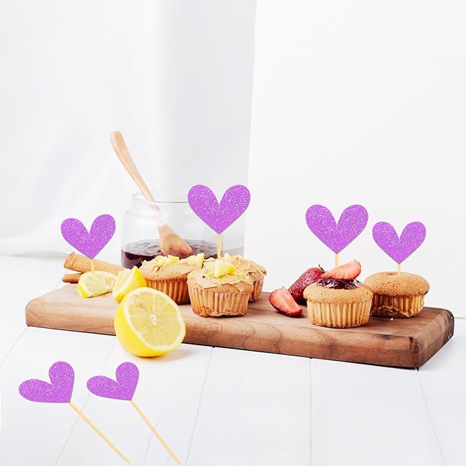 24Pcs Glitter Heart Cupcake Toppers for Valentine's Day Decorations, Mixed Size Double-Sided Heart Valentine's Day Cupcake Toppers for Wedding Bridal Shower Party Decorations (Purple)