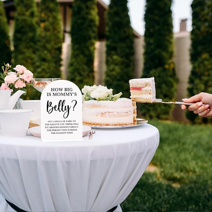 Baby in Bloom Shower Decorations, Baby Shower Sign, Newborn Gifts, Belly Game Signs, Modern Calligraphy Arched Acrylic Table Top Signs With Stand for Gender Reveal Party Decoration (White)
