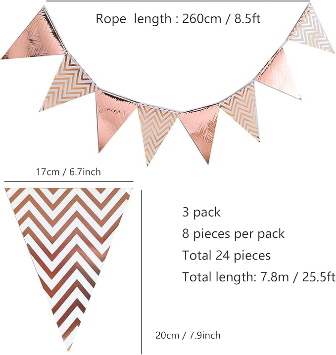 Pennant Banner Flags 24 Pcs Big Metallic Mirrored, 26 Ft Rose Gold Wave Pattern Cardboard Triangle Banner, Party Birthday Wedding Nurse Graduation Holiday Wall Decorations, Festive Supplies