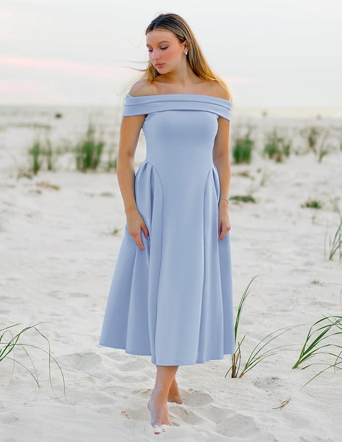 ZESICA Summer 2026 Cocktail Dresses for Women's Off Shoulder Short Sleeve Swing A Line Wedding Evening Party Midi Dress