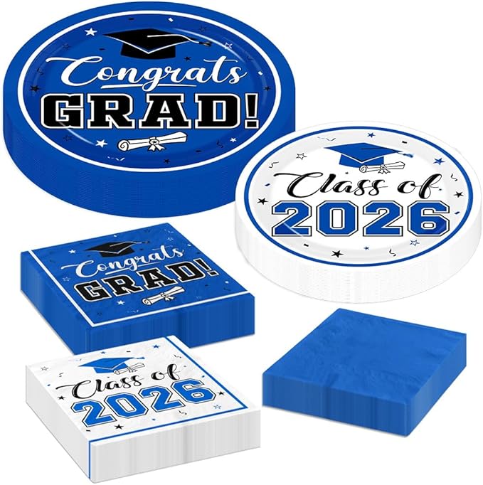 Graduation Party Plates and Napkins Blue Class of 2026 Grad Congrats Party Supplies Disposable Dessert Paper Plates Cocktail Napkins forGraduation Party Decorations,Serve 50