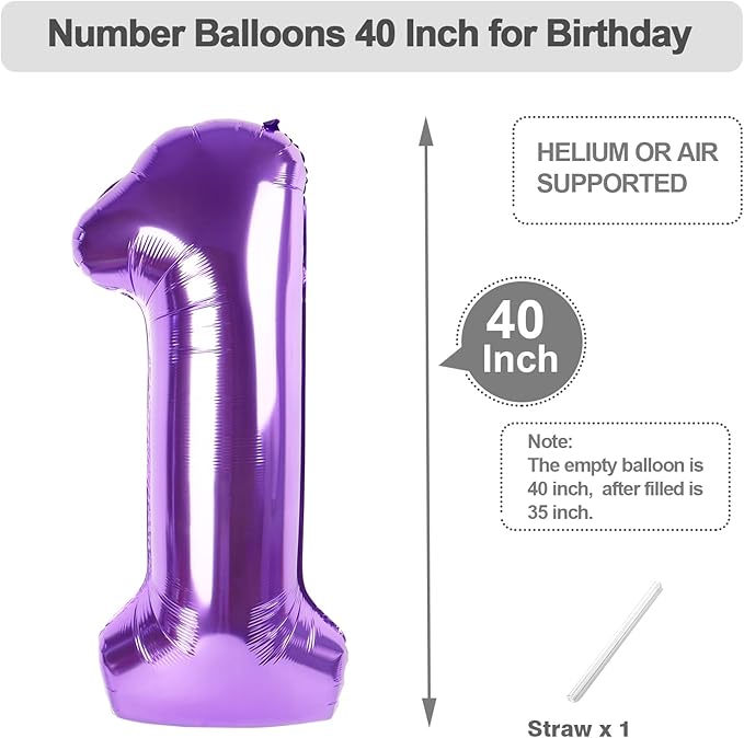 Birthday Number Balloons 40 Inch, 1 Balloon for Birthday Party, Purple One Balloons Foil Number 1 Ballon for 1, 10, 13, 16, 18, 21, 100 Celebration, Boy and Girl, Baby Shower, Anniversary Decor