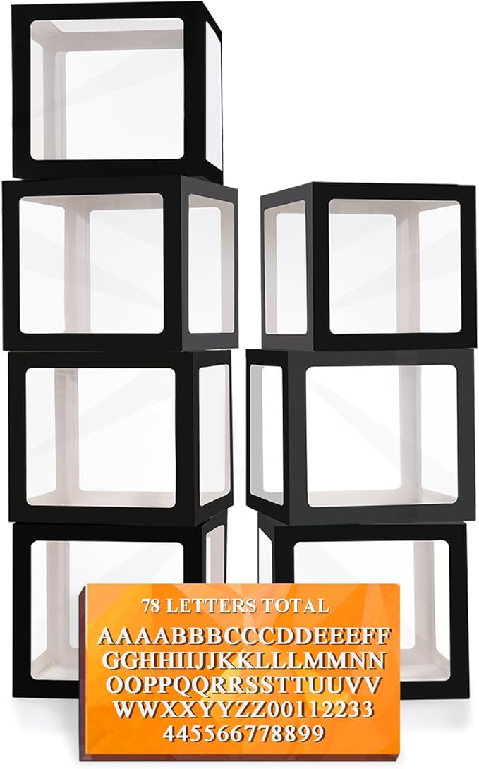 Ledido Black Transparent Balloon Boxes With 78 Letters Numbers, Letter Box for Baby Shower Clear Baby Box Black Balloon Boxes for Birthday, Bridal Shower, Graduation Prom Party Decoration, 7 PCS