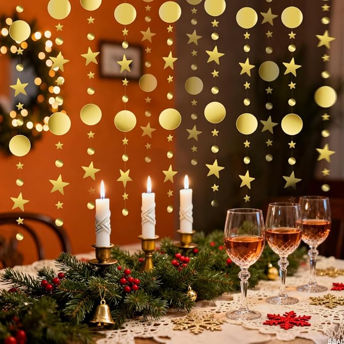 Glitter Star Garlands Decorations, 52 Feet Star Paper Garland Banner, Circle Dot Star Hanging Streamers for Valentine's Day Wedding Birthday Anniversary Ramadan Graduation Party Supplies Decorations