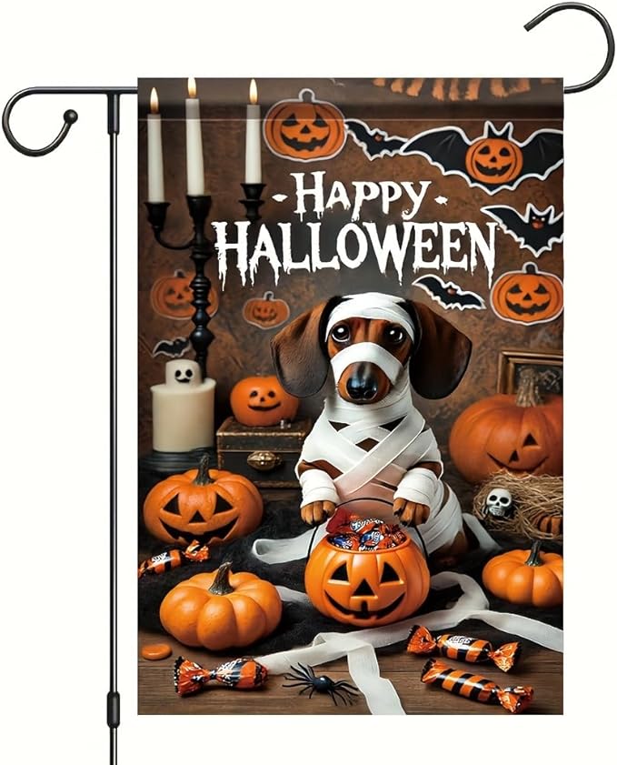 Halloween Garden Flag Dachshund Dog Mummy Pumpkin 12x18 Inch Double SidedOutdoor Yard Banner for Trick or Treat Haunted House Spooky Halloween Decoration Decor