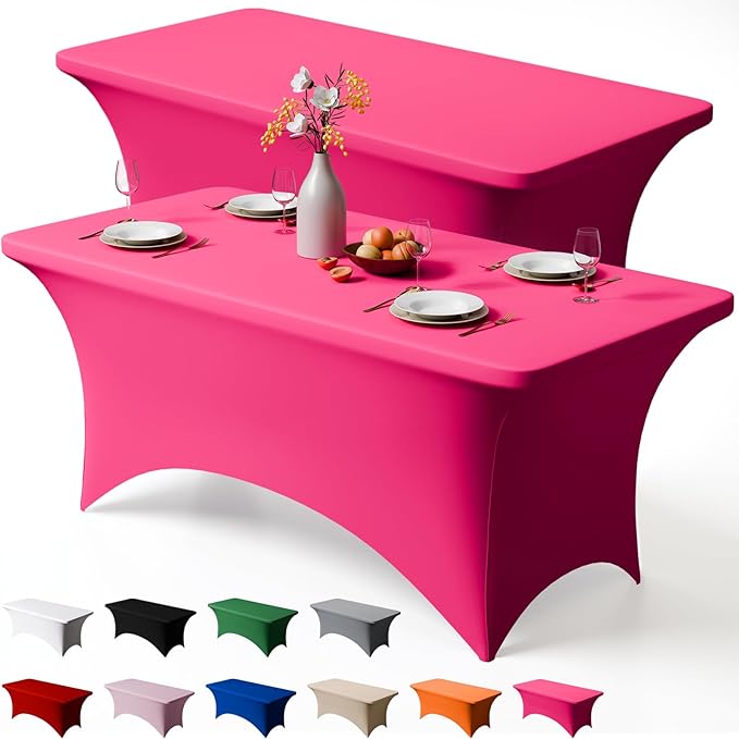 Trlyc 2 Pack 8FT Spandex Table Cloth - 96 x 30 Inch Rectangular Stretch Tablecloth, Wrinkle Resistant Scretch Table Cover for Wedding, Party, Banquet, Picnic, Outdoor Decoration (2Pcs,Fuchsia)