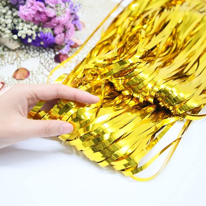 Gold Backdrop Fringe Curtain for Party Decor -6.5x6.5ft, Pack of 2 | Gold Foil Curtain Backdrop Tinsel Streamers for Bachelorette Party Baby Shower Graduation Birthday Wedding Photo Booth Backdrops