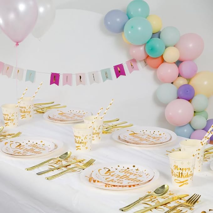 201 Pieces Birthday Plate Set, Birthday Decorations, Includes Paper Plates, Paper Cups, Straws, Napkins, Tablecloths, and Plastic Knives, Forks, and Spoons, Suitable for parties of 25 people!（White）