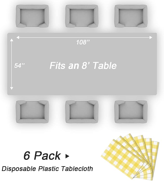 QIKSION Yellow Gingham Tablecloth Disposable 6 Pack, 54 x 108 Inch Yellow and White Checkered Table Cloth for Easter Decorations, Birthday Party Supplies, Rectangle, Plastic Table Cover