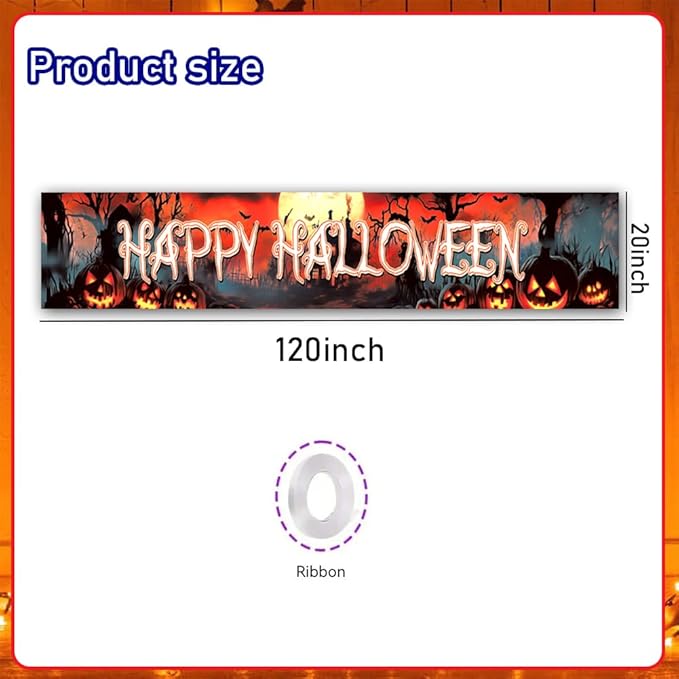 Happy Halloween Banner Large 120 x20 Inch Yard Sign Banner Flag Scary Halloween Party Hanging Decorations for Outdoor Fence Garage Garden Porch Holiday Backdrop Decor
