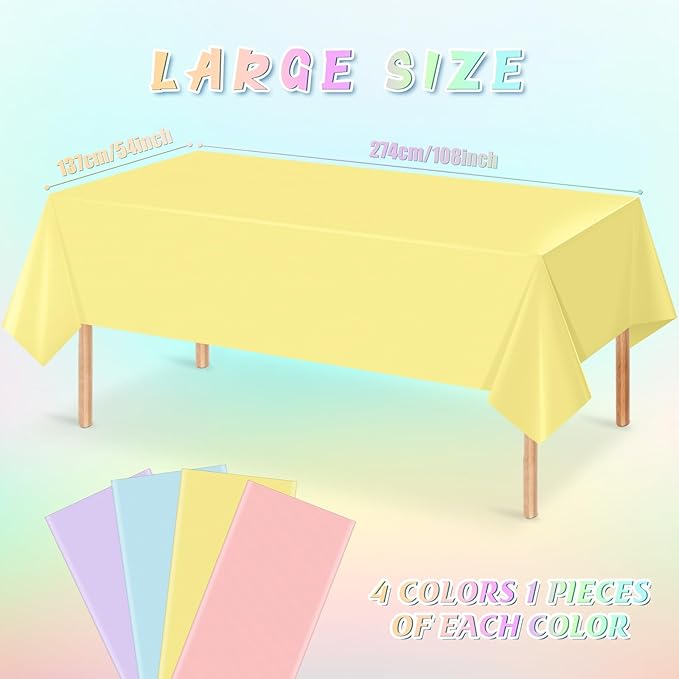 4Pcs Pastel Tablecloths, Mix Color Plastic Tablecloth Disposable Rectangle Table Covers for Baby Shower,Bridal,Wedding,Easter,Birthday and Ice Cream Party Decorations,54 x 108 Inch