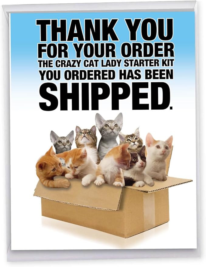 NobleWorks - 1 Funny Jumbo Birthday Greeting Card (8.5 x 11 Inch) - Cute Animal Humor for Birthday, Large Card - Cat Lady Starter Kit J8016
